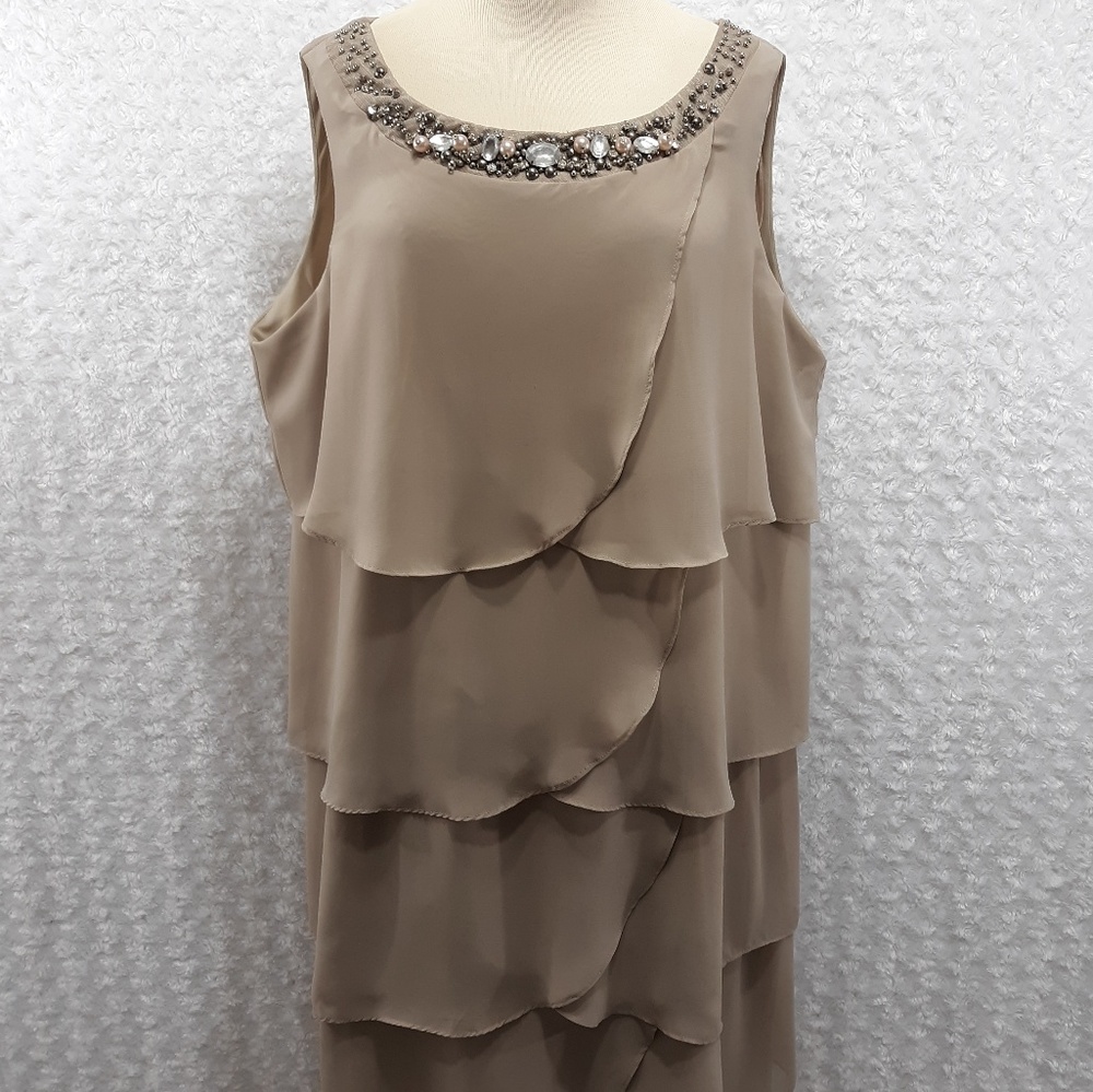 Jeweled Neckline Sheer Taupe Ruffled Formal Dress